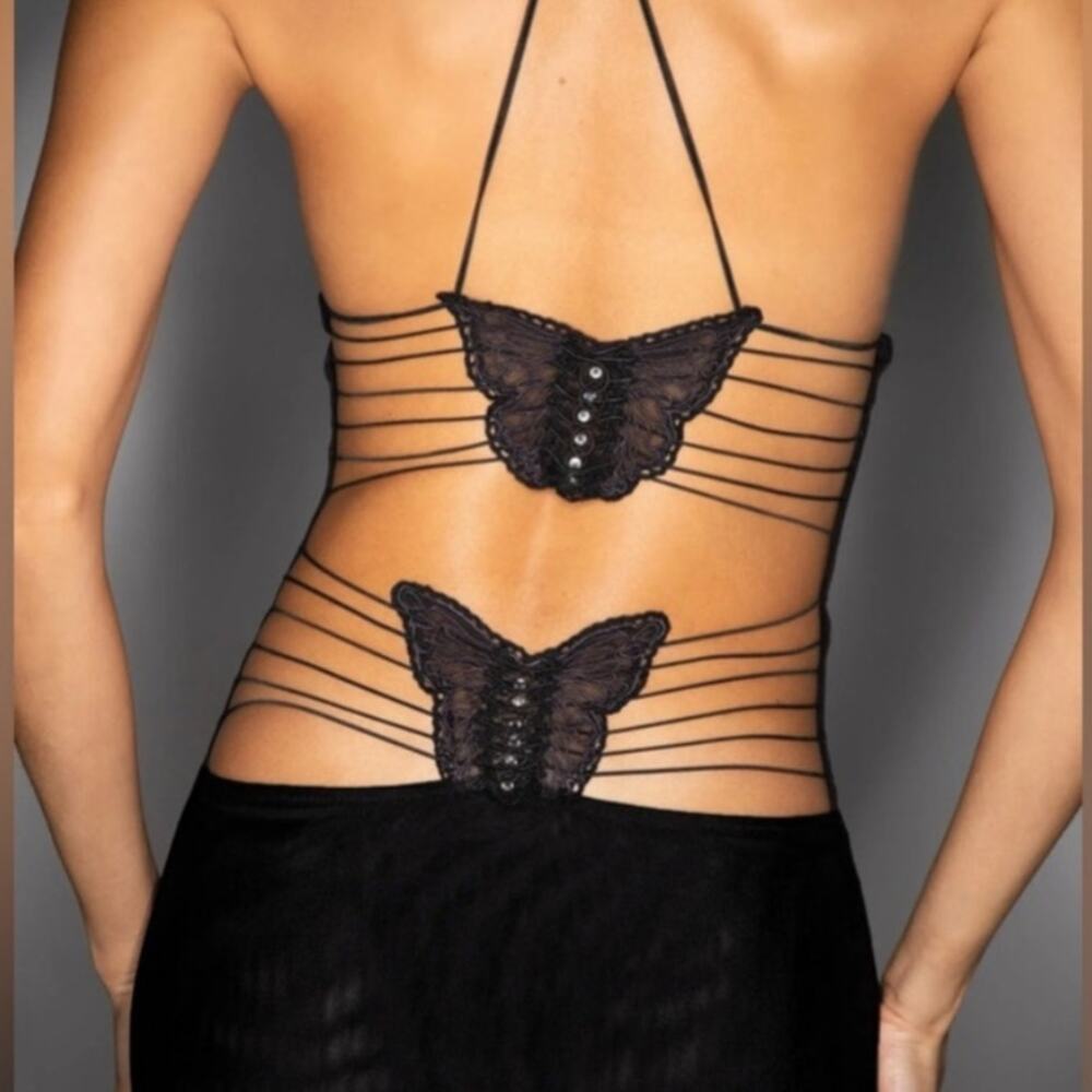 I.AM.GIA Ellery Dress Black Butterfly Long Large New with Tags
